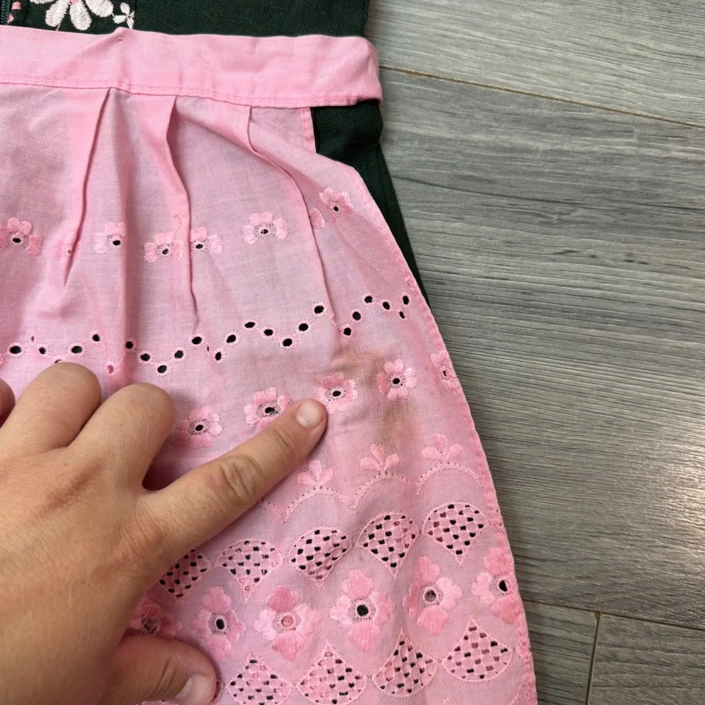 Vintage German Dirndl Set Kids Sz 6 Green Pink Floral Dress Apron Oktoberfest